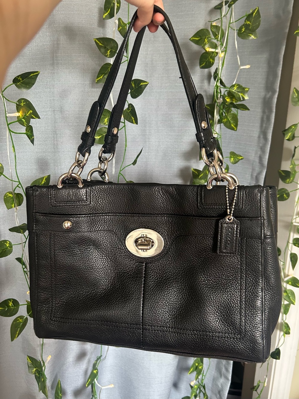Coach Black Pebbled Leather Shoulder Tote with Silver Hardware